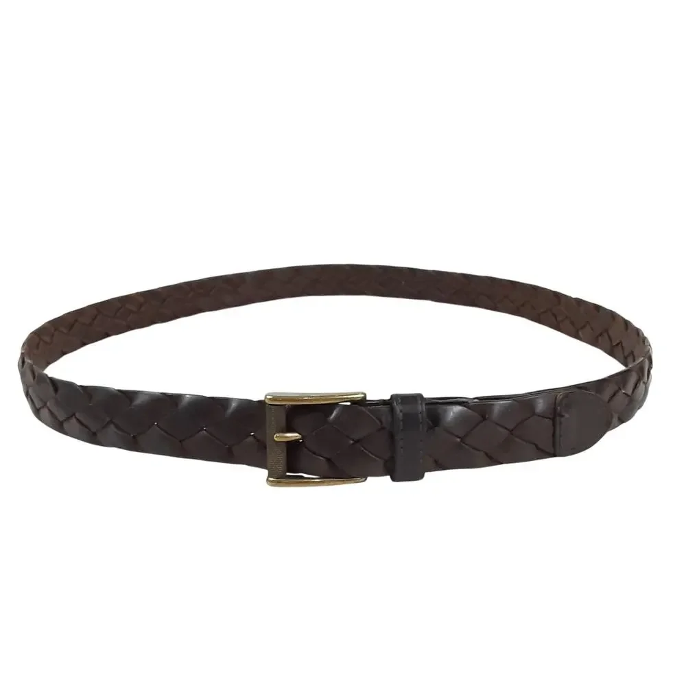Vintage 90s Braided Leather Belt Brown Brass Buckle Full Grain Mens XL Luxury